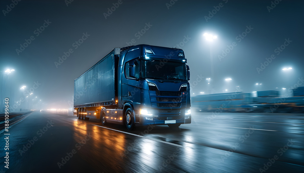Obraz premium Blue Long Haul Semi-Truck with Cargo Trailer Full of Goods Travels At Night on the Freeway Road, Driving Across Continent Through Rain, Fog, Snow. Industrial Warehouses Area. Front Following Shot