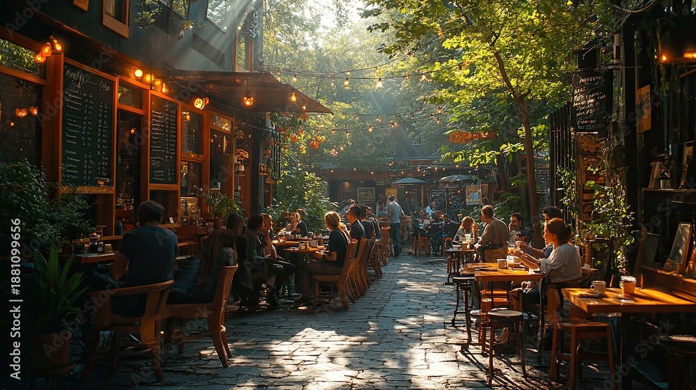 Obraz premium Outdoor café filled with sunlight, greenery, and people enjoying coffee and pastries.