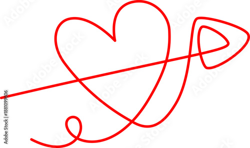 Heart pierced by an arrow, hand-drawn, single red line drawing on white, classic symbol of infatuation and passion