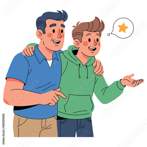 Smiling cartoon characters: two friends hugging and pointing