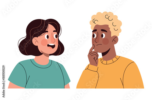 Cartoon characters conversing: smiling female and pensive male in colorful attire