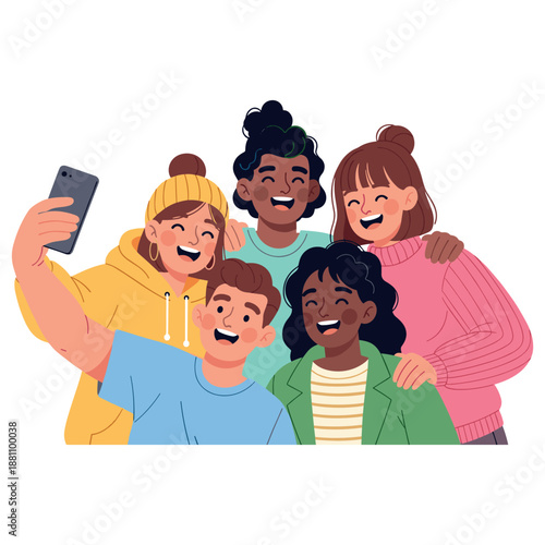 Diverse group of young friends taking a cheerful selfie together