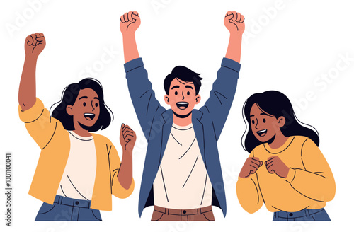 Group of young diverse adults celebrating with joyful expressions and raised hands