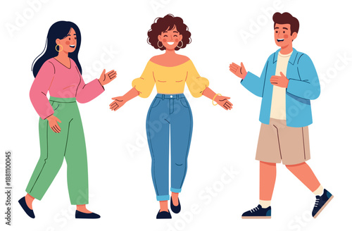 Animated group of diverse young adults interacting happily