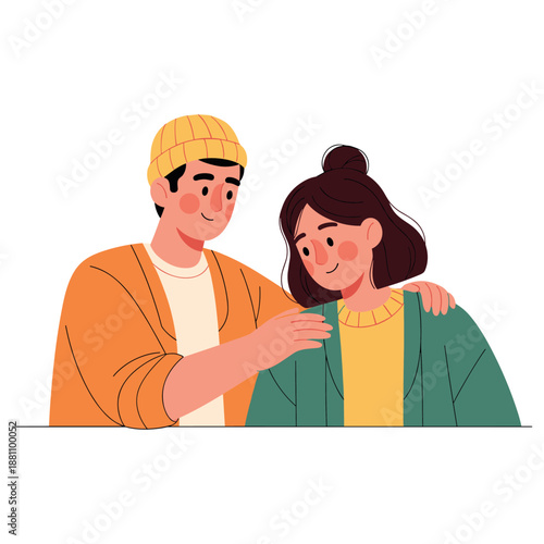 Young caucasian male comforting young caucasian female in casual attire