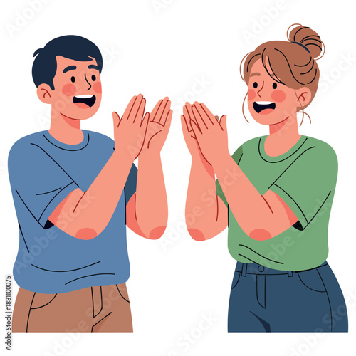 Young caucasian male and female friends clapping happily