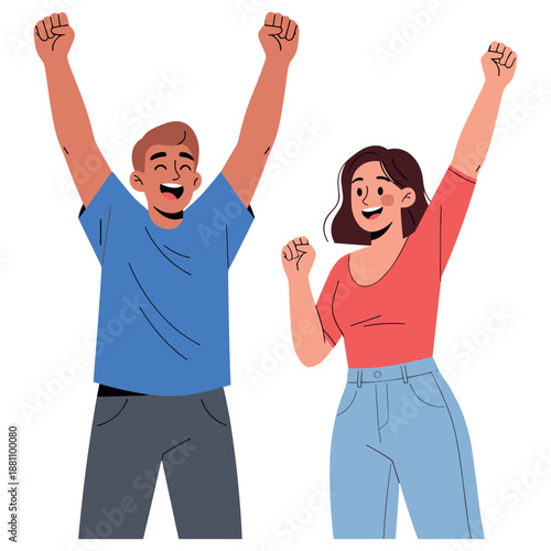 Cheerful young caucasian couple celebrating with raised arms