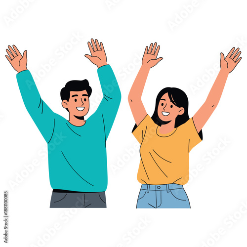 Happy young caucasian male and female cartoon characters raising hands
