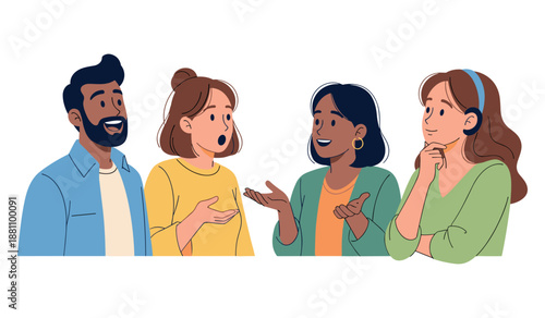 Group of diverse young adults engaged in animated conversation