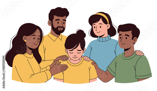 Supportive group comforting a sad young caucasian female