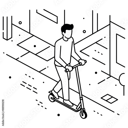 Isometric line art of young caucasian male riding scooter on urban sidewalk