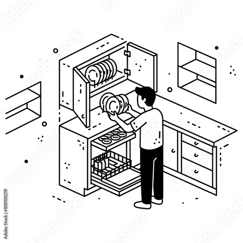 Asian male adult loading dishwasher in minimalist kitchen illustration