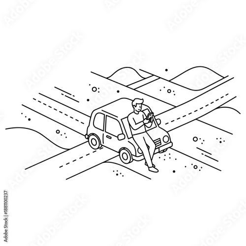 Young male reading phone next to parked car on road illustration