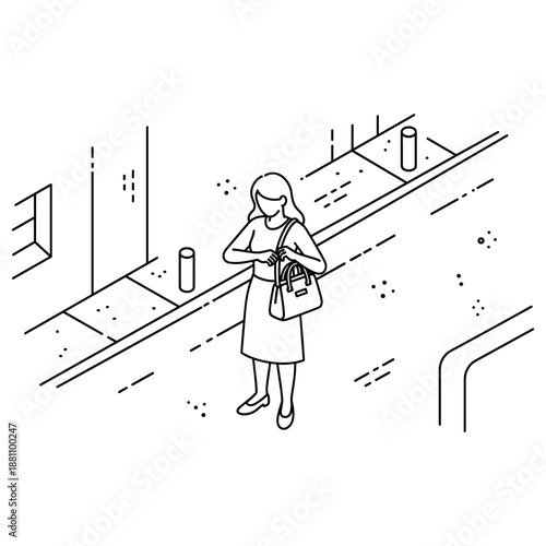 Isometric illustration of woman checking bag on street
