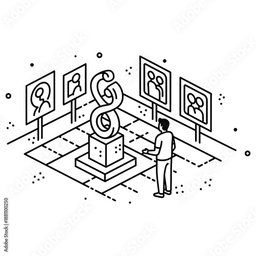 Male viewing abstract sculpture in art gallery room with framed portraits