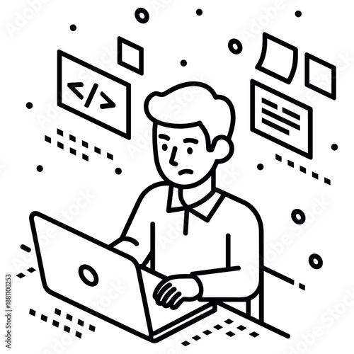 Young caucasian male working on laptop in tech office line art illustration