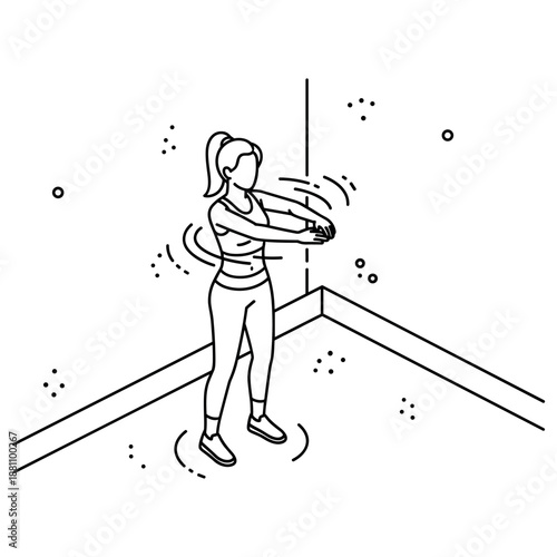 Young caucasian female exercising with hula hoop in minimalist line art style