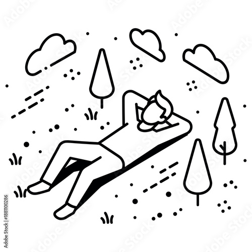Relaxed male cartoon character resting in nature with trees and clouds
