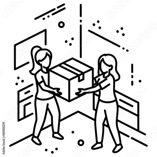 Two women moving box together outline illustration