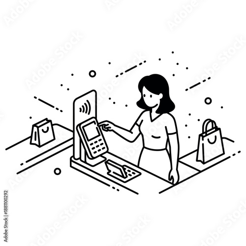 Woman makes contactless payment at store checkout counter in black and white illustration