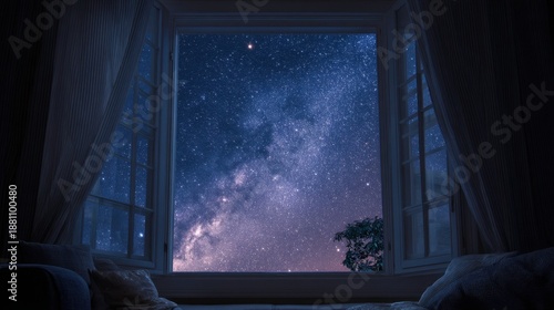 Stunning milky way view through open window at night
