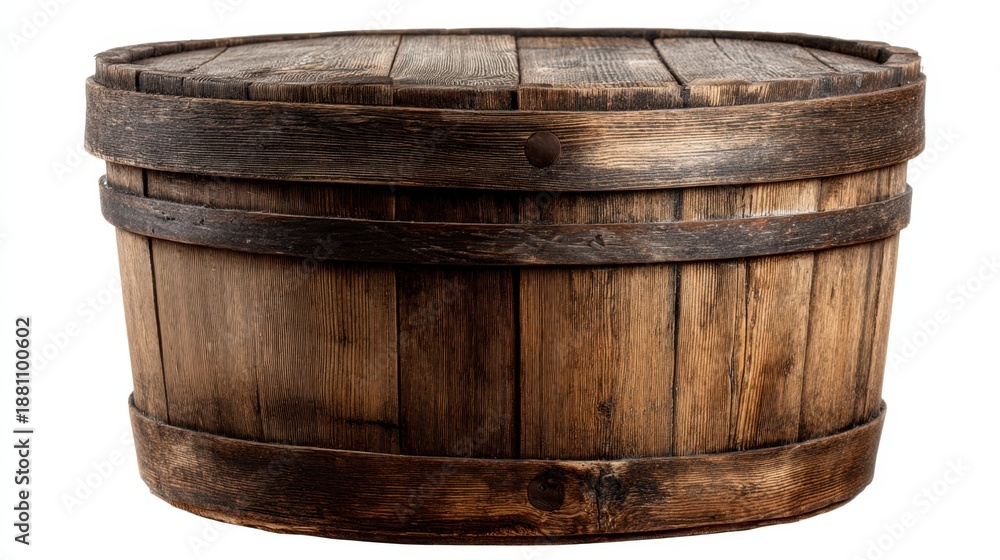 Fototapeta premium Rustic wooden barrel with metal bands on white background