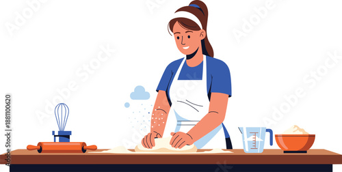 Happy young woman in apron kneading bread dough on kitchen counter with rolling pin whisk and flour for homemade baking