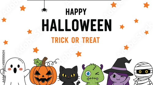 Happy Halloween banner with cute cartoon characters including ghost pumpkin black cat monster witch and mummy for trick or treat celebration