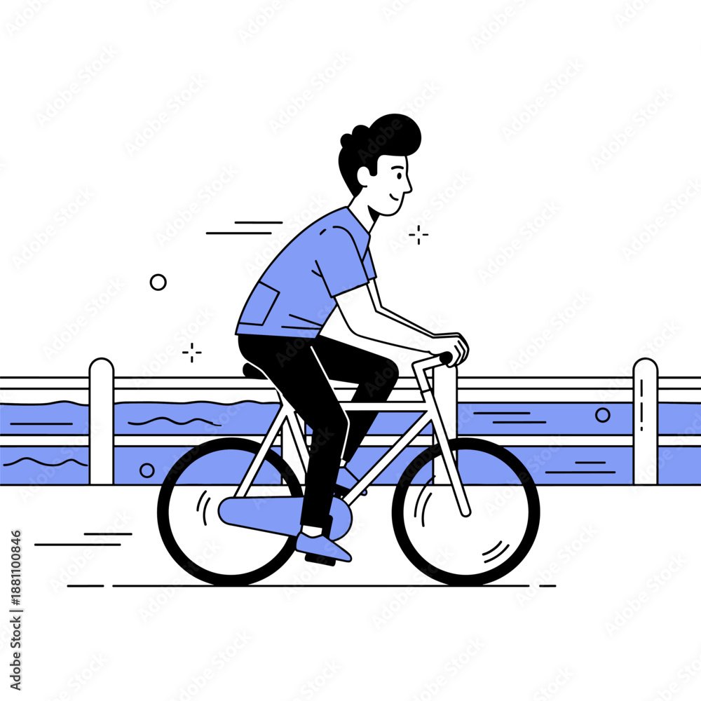 Fototapeta premium Young male riding bicycle on path by water, minimalist style