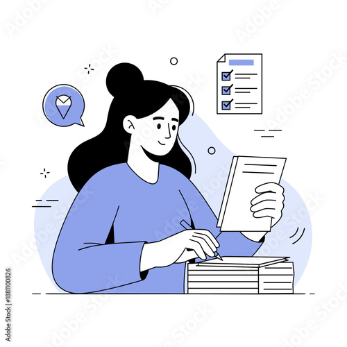 Young adult caucasian female studying with books and checklist