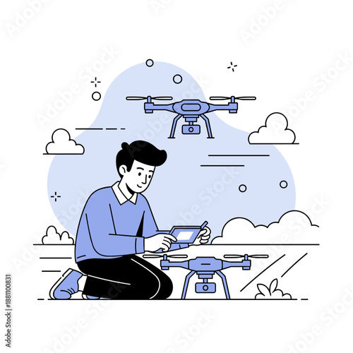 Young male operating drone with remote control in cloudy outdoor setting