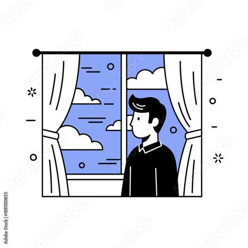 Illustration of young male looking out window at cloudy sky