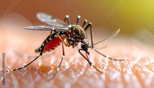 macro of a mosquito landing on skin, wings frozen mid-flap, ultra-realistic