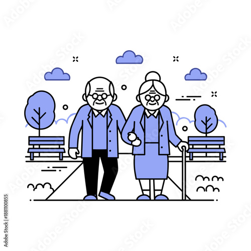 Elderly caucasian couple walking in park holding hands