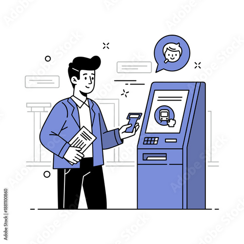 Young asian male uses self-service kiosk for card payment in modern setting