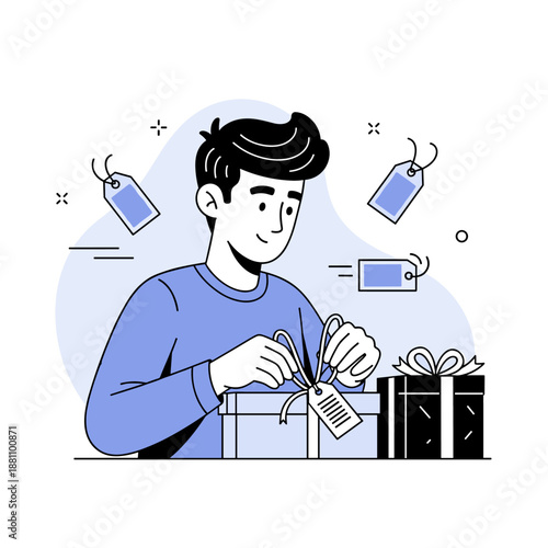 Young caucasian male wrapping gifts with price tags in blue attire