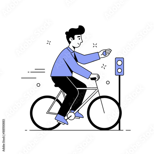 Young caucasian male cyclist stopping at traffic light