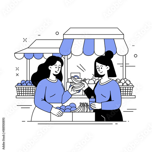 Two asian women shopping at outdoor market stand with fresh fruits