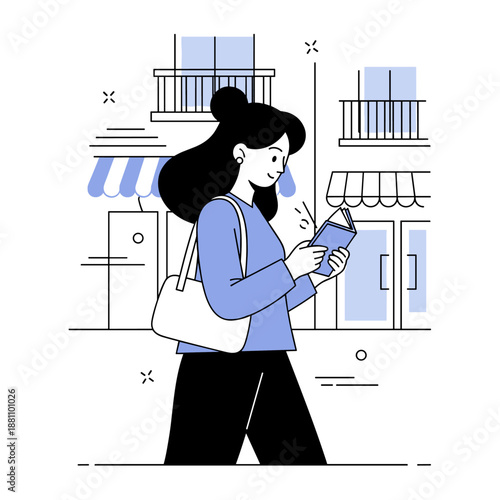 Asian female reading book while walking in urban setting with shops and balconies