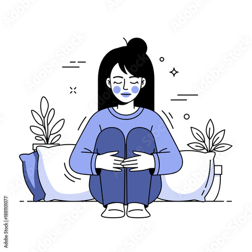 Asian young female sitting calmly while meditating indoors with plants