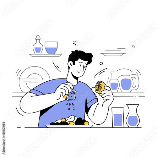 Young hispanic male squeezing lemon in kitchen