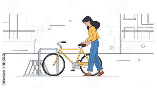 Woman locking bicycle at urban bike rack - hispanic female adult in casual attire