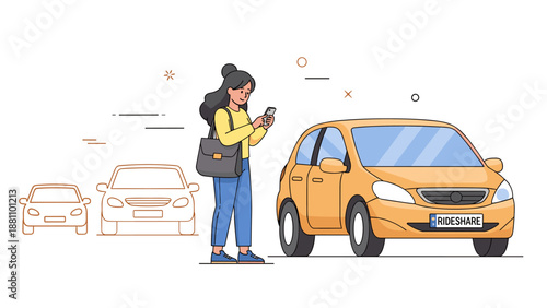 Young asian female using smartphone for rideshare service with yellow car