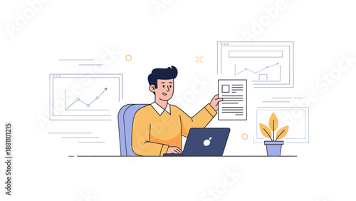 Young caucasian male analyzing data at desk with laptop and graphs