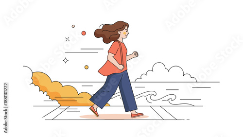 Young caucasian female jogging on seaside path in minimalist style