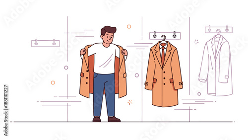Young caucasian male trying on stylish coat in clothing store