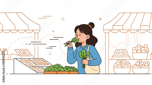 Young asian female enjoying fresh spinach at outdoor farmers market