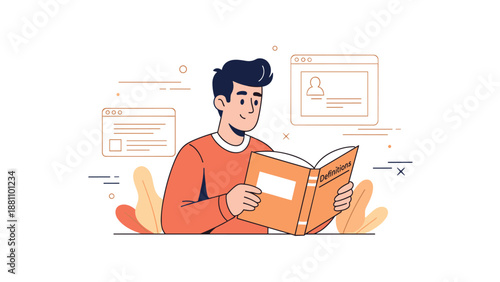 Young caucasian male reading book online learning concept illustration