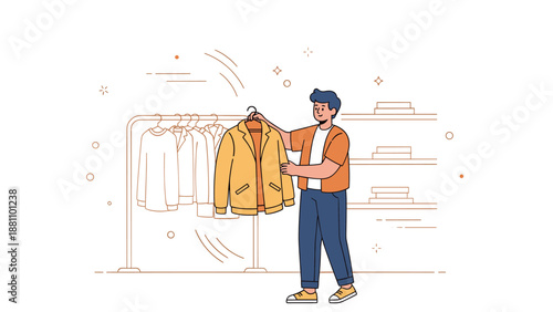 Young hispanic male shopping for jackets in clothing store