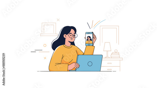 Asian female teen video calling with smartphone and laptop in cozy room